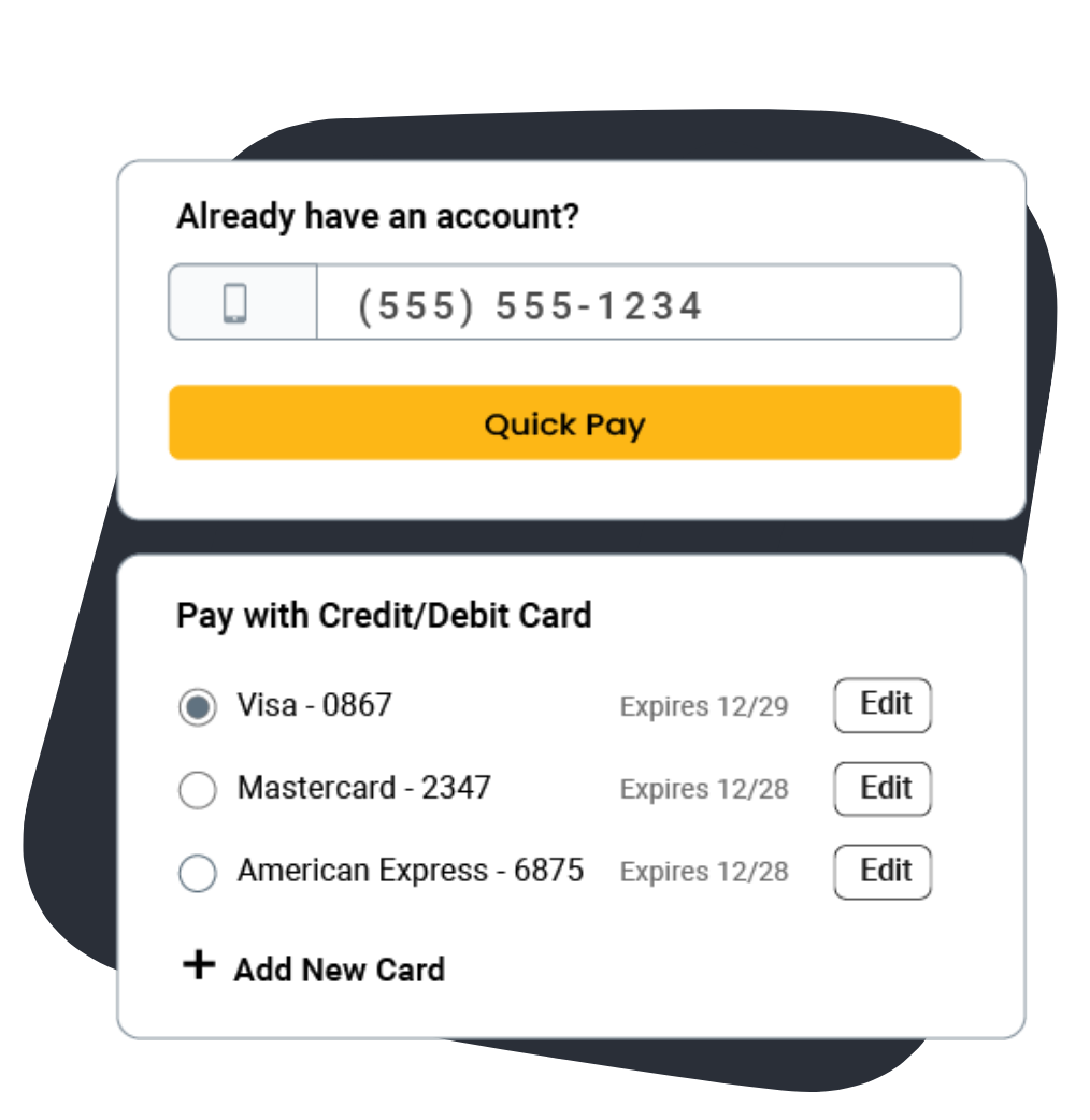 Quick Pay section showing customers entering their phone number, clicking quick pay, and viewing saved card information under 'Pay with Credit/Debit Card' for seamless checkout experience.